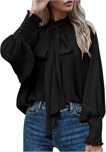 Blouses for Women Business Casual Long Sleeve Bow Tie Neck Tops Dressy Elegant Office Work Blouse Shirt 2025 Fall