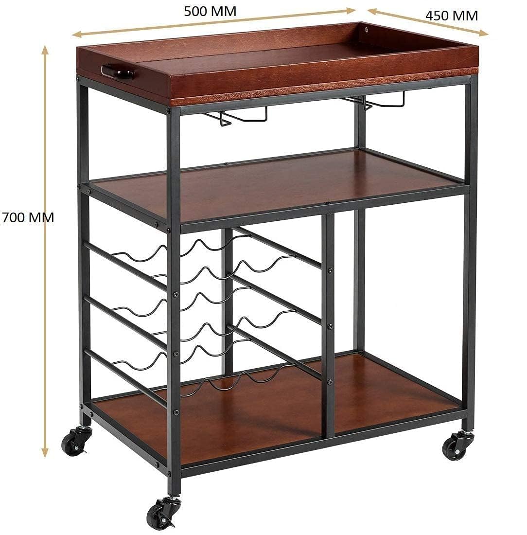 OGFC 45131 Kitchen Island Cart Rolling Trolley 3-Tier Industrial Style Serving Trolley Utility Kart Wood Kitchen Stand with Glasses Holder and 9 Wine Bottles Rack Metal Frame and Castors 1
