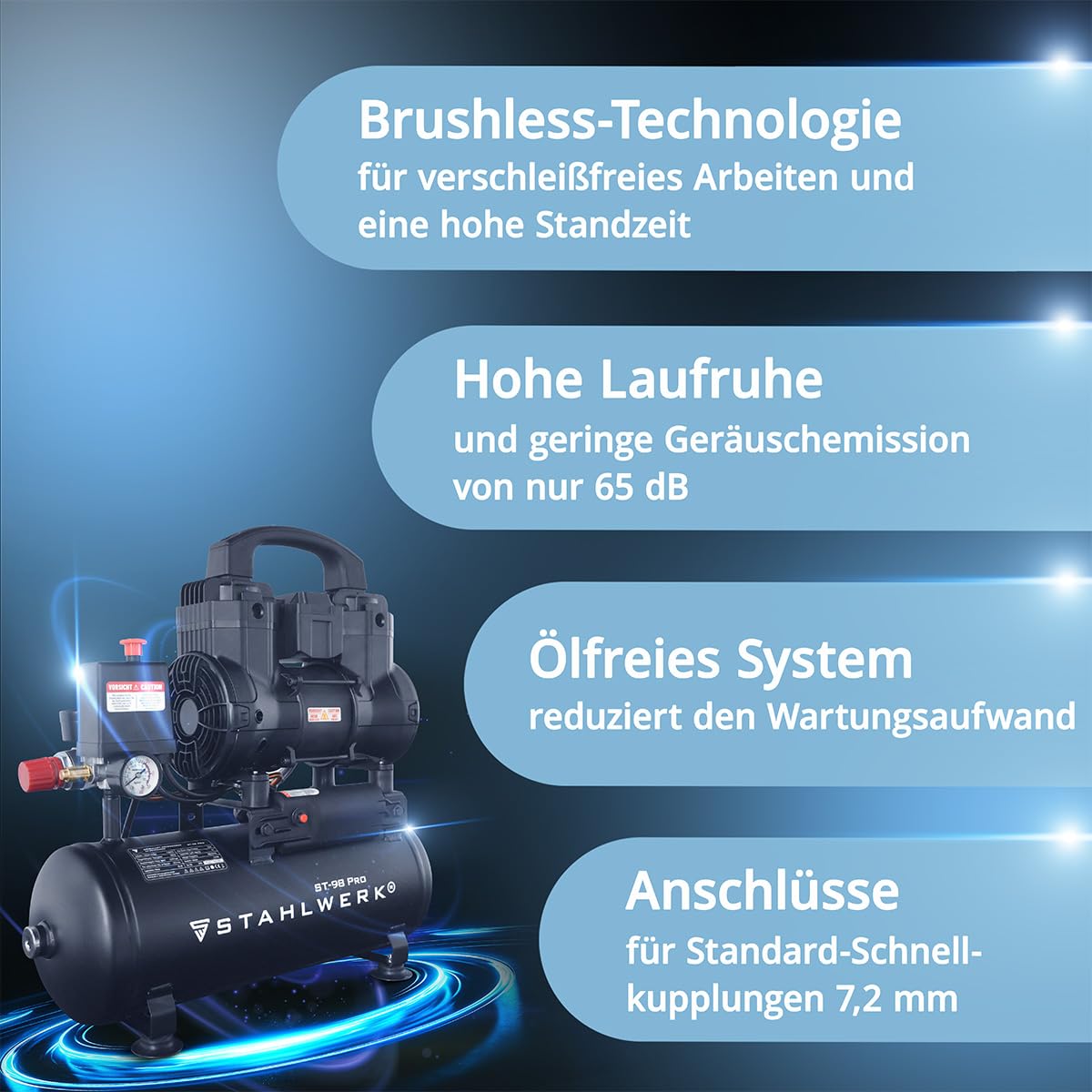 STAHLWERK Kompressor mit 9 L Tank (ST-98 Pro) – ölfrei & leise, 8 bar, 1,22 PS (0,9 kW), 170 l/min, 65 dB, Druckluftkompressor mit Brushless-Motoren, Silent-/Flüsterkompressor, Kolbenkompressor