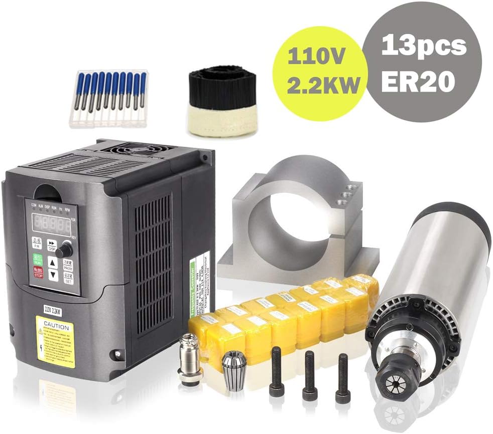 MYSWEETY 1Set DIY 110V 2200W Air Cooled Spindle Motor CNC Spindle Motor 80MM 2.2KW + 110V 2.2KW Converter + 13pcs ER20 Collet + 80MM Clamp