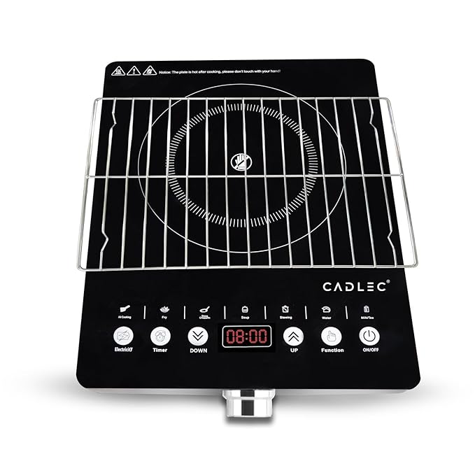 Cadlec HeatMate 2200W Infrared Cooktop Stove with Grill Rack for Barbecue, Crystal Glass Plate, Digital Display, Touch Control, Infrared Hot Plate (Black)