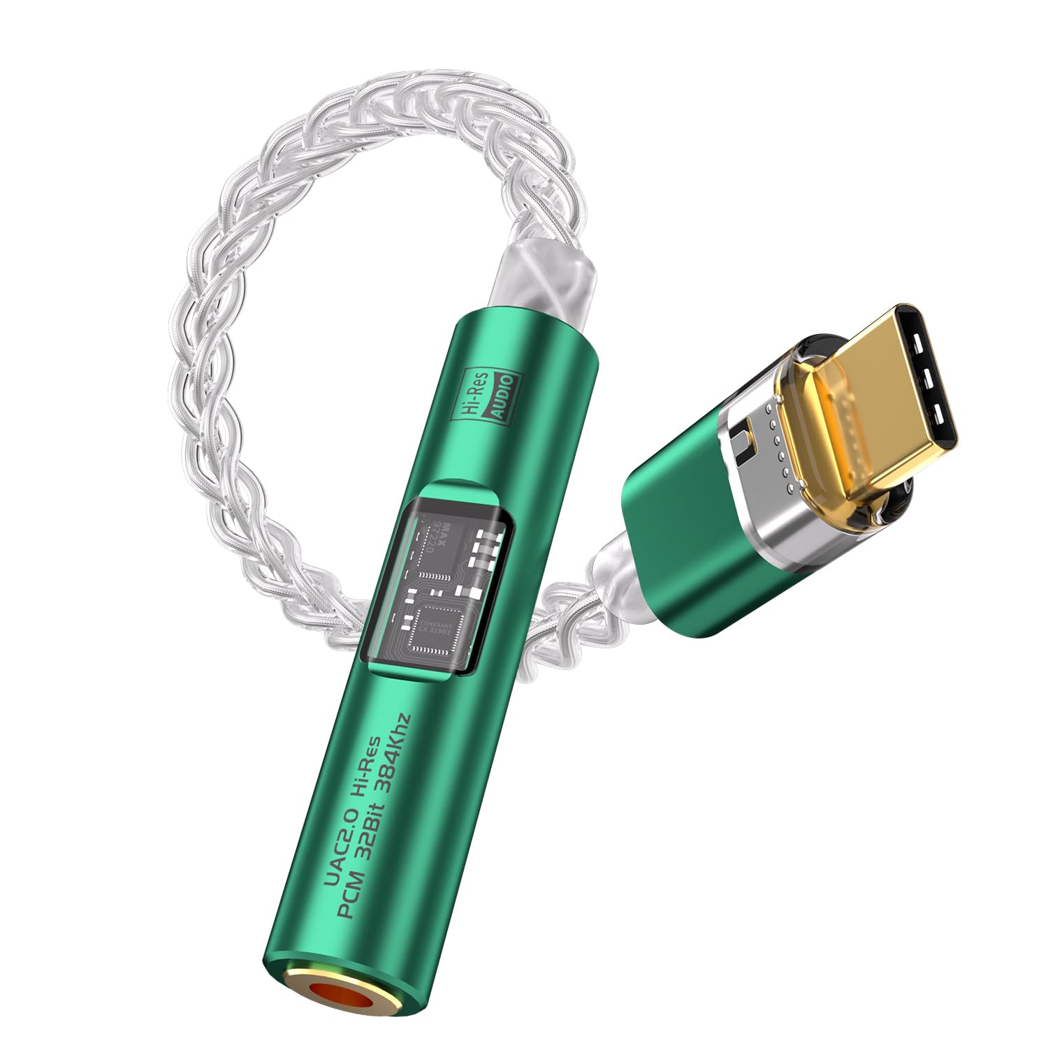 USB Type-C to 3.5mm Headphones Audio Jack Adapter, Hi-Res DAC Adapter with 8-Strand 4N Single Crystal Copper Silver-Plated Cable, USB C to aux with Aluminum Alloy Shell for All USB-C Devices (Green)
