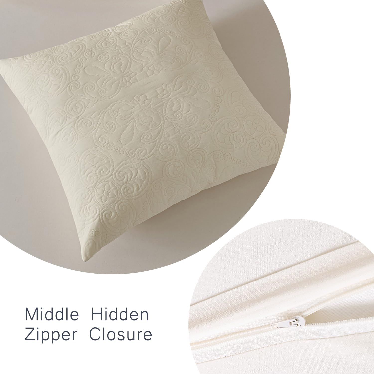 YINFUNG Quilted Euro Shams Set of 2 European Pillow Covers 26×26 Cotton Damask Medallion Ivory Cream Embroidered Floral Square Pillowcases Embossed Matelasse Vintage Textured Decorative Pillow Cover