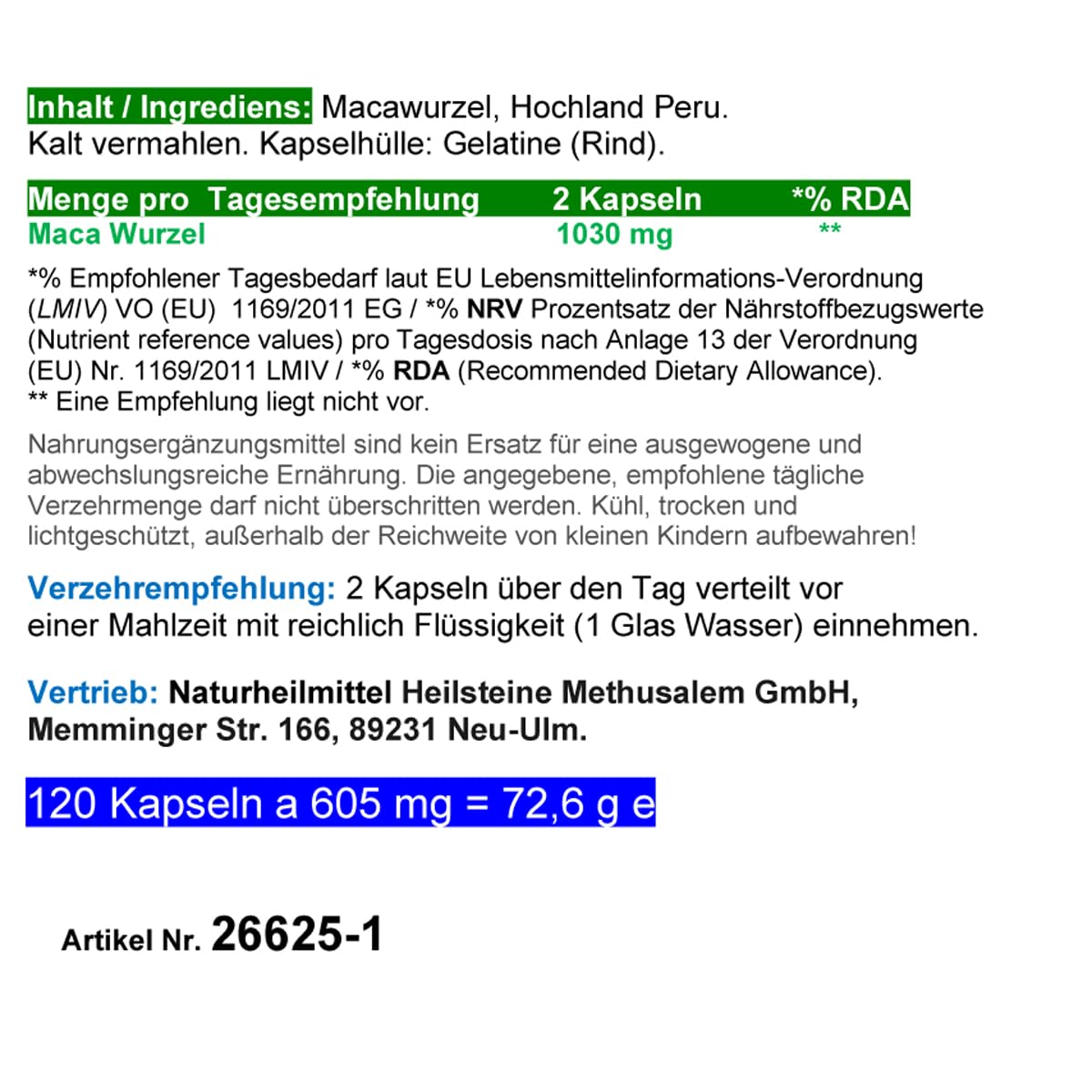 MACA 360 (3x120) Kapseln Wurzel Pulver aus PERU für Mann & Frau Ausdauer & Energie im Alltag. NATUR pur. NICHT hochdosiert. OHNE Zusatzstoffe. OHNE Füllstoffe 26625-3