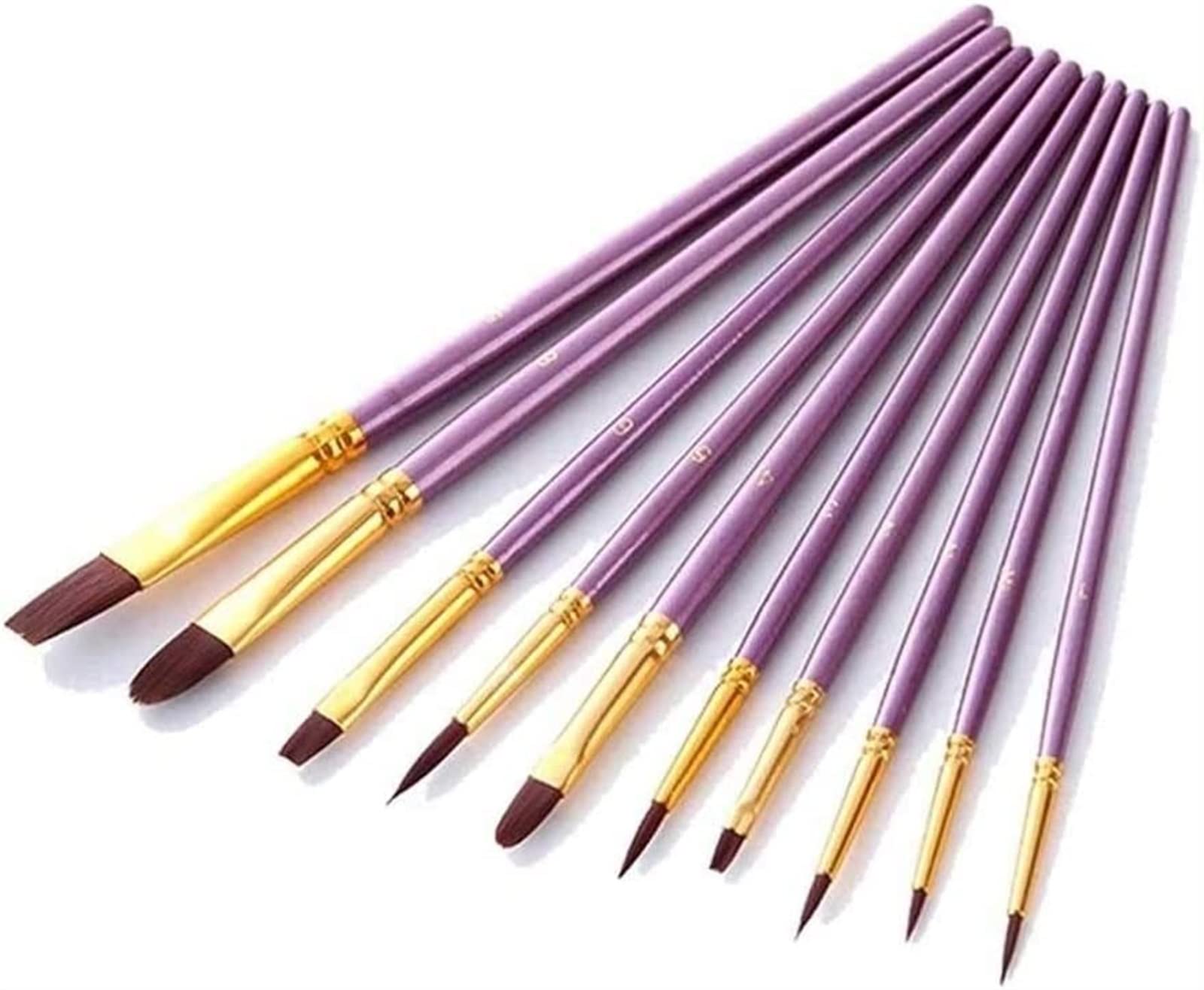 Set de 10 Pinceles de Nailon para Pintura al óleo, acrílico, Gouache y Acuarela. Materiales Profesionales para Arte.