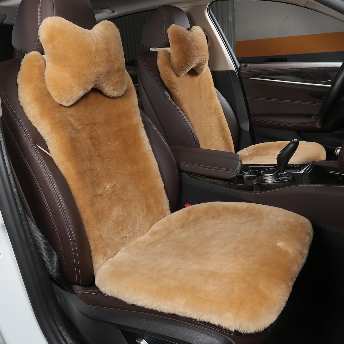 OGLAND 2 Pack Fur Fuzzy Sheepskin Car Seat Covers for Universal Auto Plush Seat Cushion Accessories Automobiles (Honey Beige)