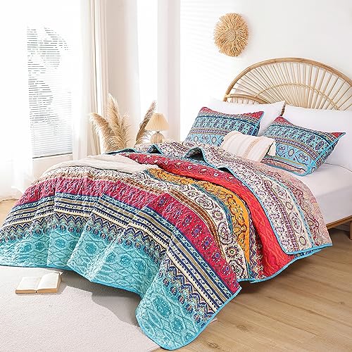 Janzaa Quilt Boho Quilt Set Boho Bedding Bedspreads Queen Size,3 Pcs Bohemian Quilt Set With Floral Pattern Printed For All Season(Two Pillow Cases) #TOP1