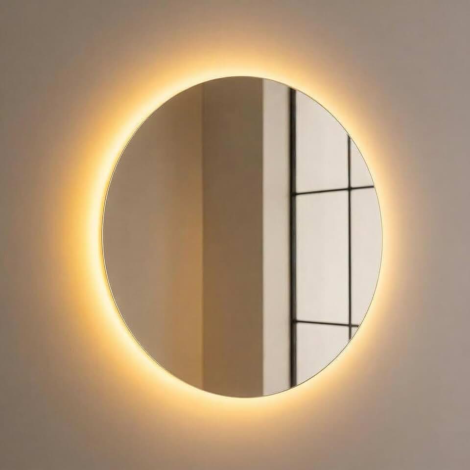 Mega Forte Iluminação Espelho Redondo 60cm com LED Integrado Bivolt, Lapidado e Polido 3mm, Estilo Minimalista, Kit de Instalação Incluso (Quente)