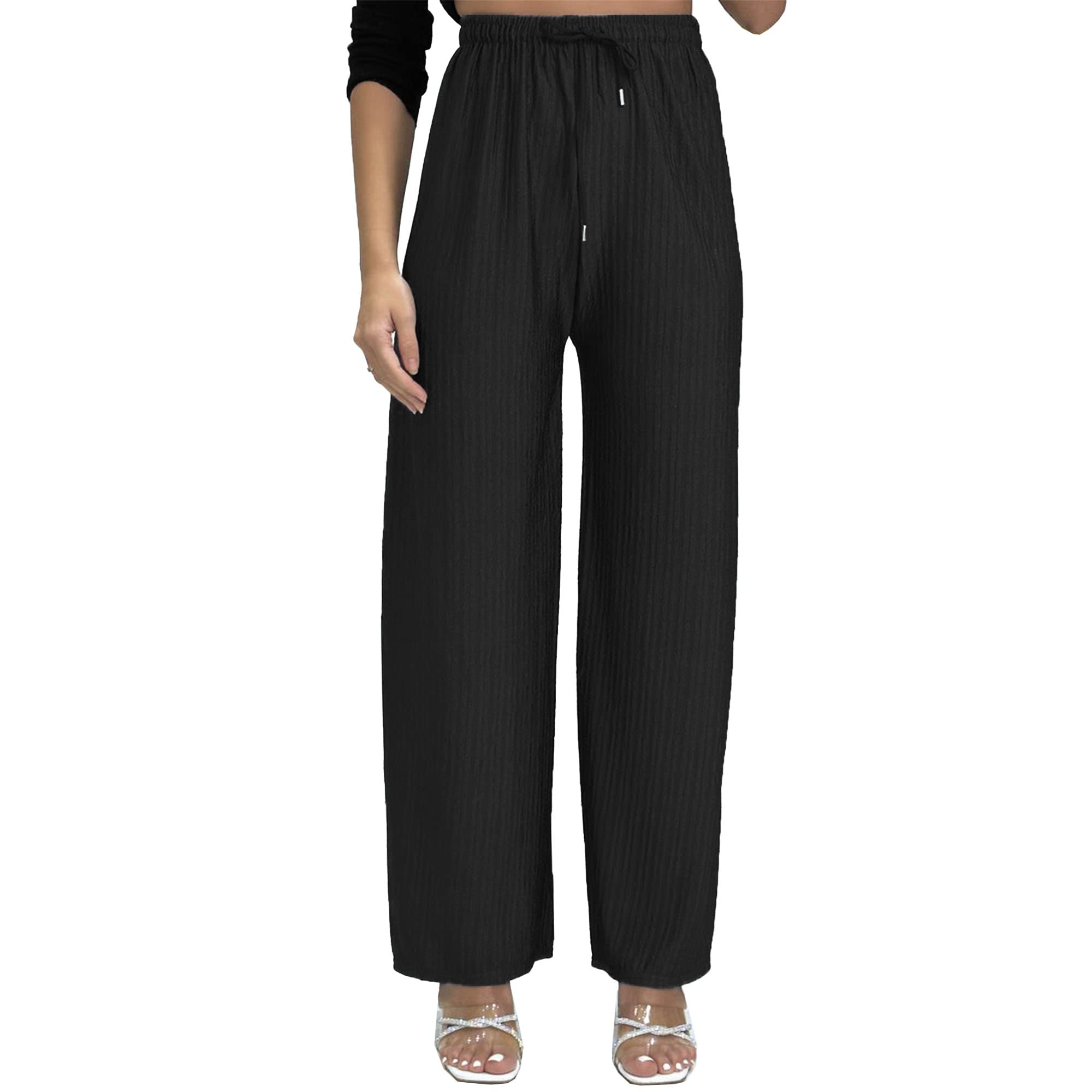 Women's Black Textured Ribbed Relaxed Wide Leg Smart Casual Palazzo Trousers (As8, Alpha, L, X_l, Regular, Regular, )