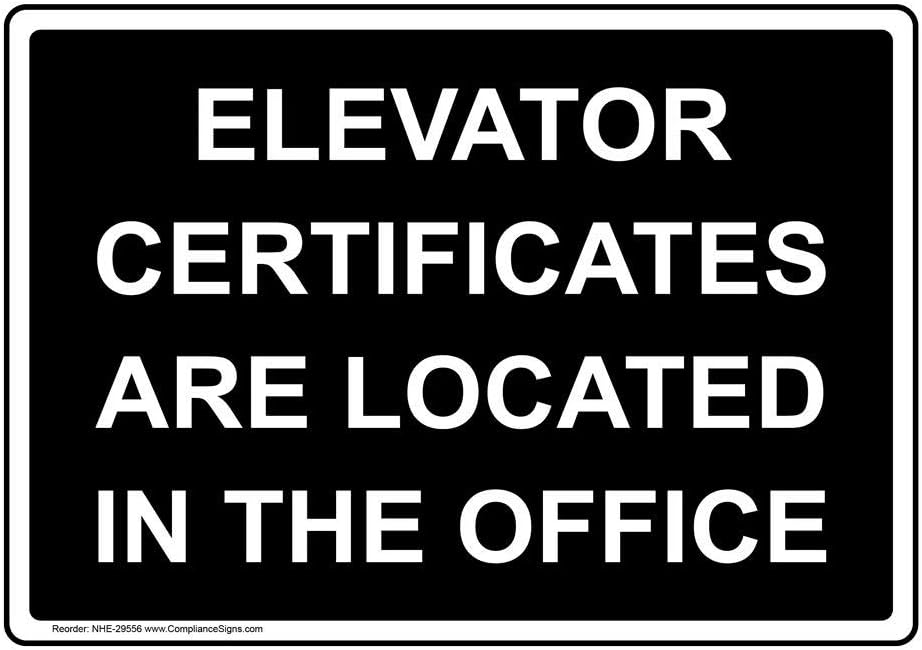 ComplianceSigns.com Elevator Certificates are Located in The Office Label Decal, 5x3.5 in. 4-Pack Vinyl for Elevator/Escalator