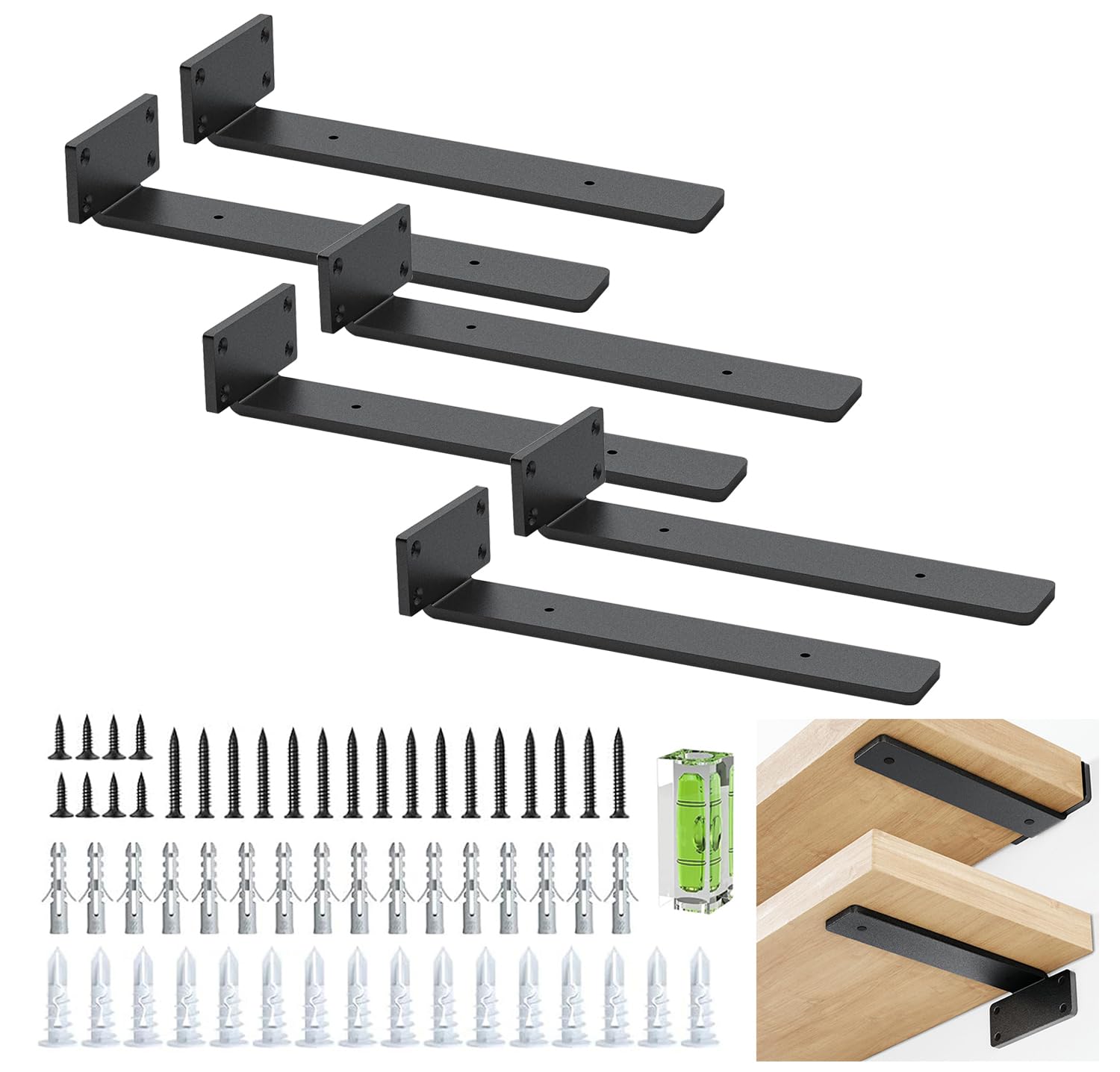 Equerre etagere murale Paquet de 6 supports muraux pour étagères Supports d'étagère noirs Supports en L en métal robuste pour montage mural (noir, 25 cm/10 pouces)