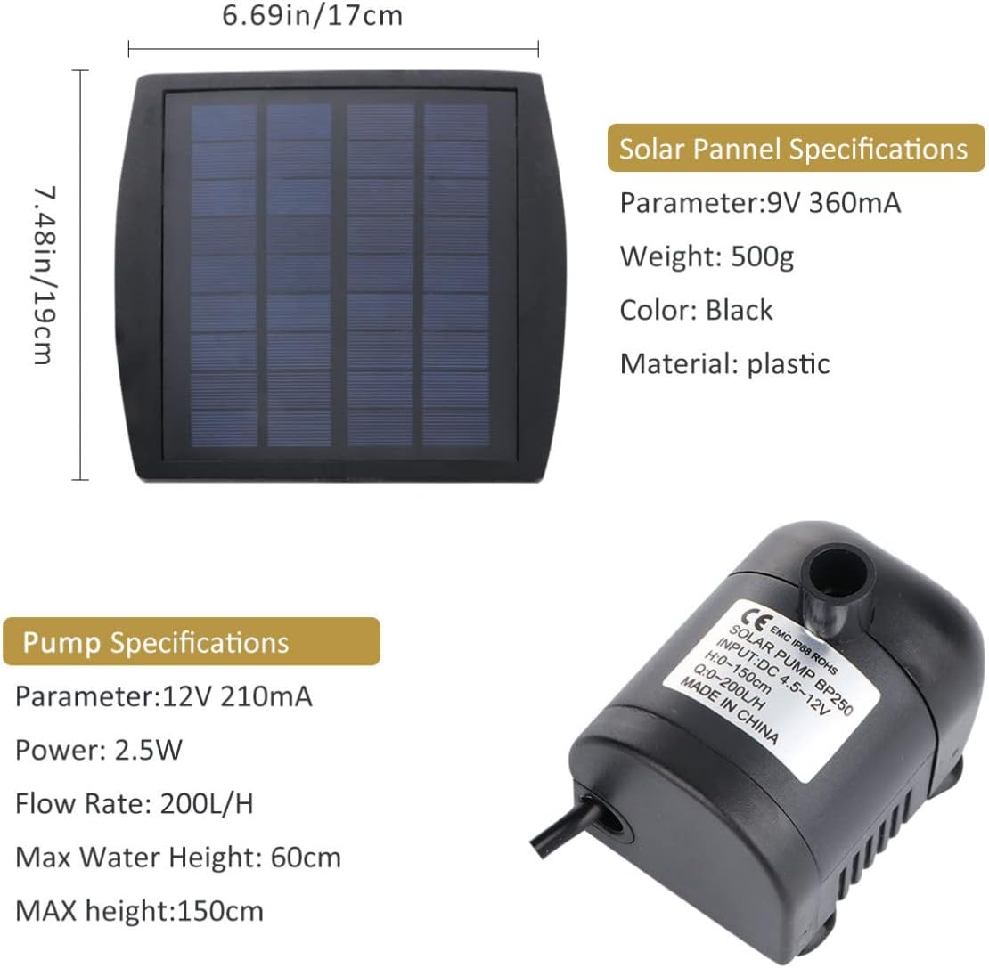 2.5w Outdoor Solar Fountain Pump Submersible Water Pump for Pool Garden Patio Aquarium Fountains Spout Flow Rate h
