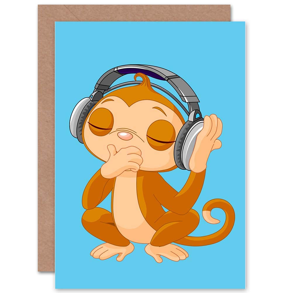 Wee Blue Coo Monkey DJ Music Cute Animal Cartoon Birthday Art Sealed Greeting Card Plus Envelope Blank inside