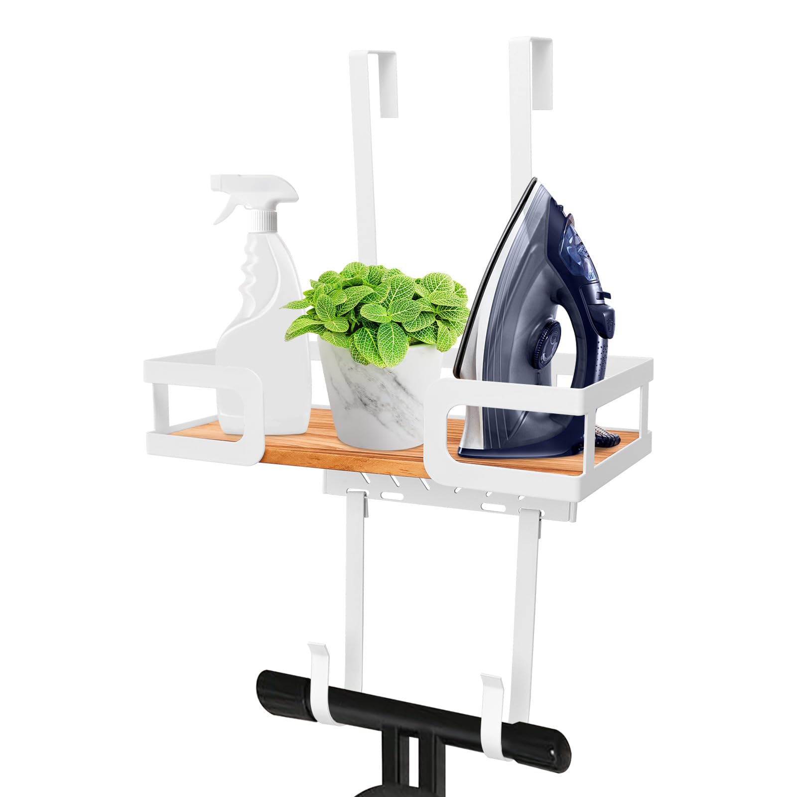 Cbwerbb White (With Hooks) Ironing Board Holder Wall Mount,Iron And Ironing Board Storage Organizer With Large Wooden Base Basket And Removable Hooks(T&V Shaped) For Farmhouse Laundry Room(White (With Hooks))