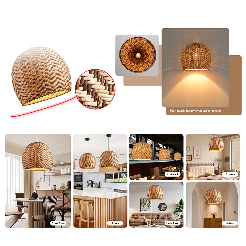 13,7" Ręcznie Tkana Lampa Wisząca Z Rattanu, Lampa Wisząca Z Wikliny, Żyrandol Z Rattanu W Stylu Boho, Naturalna Pleciona Lampa Wisząca Do Wyspy Kuchennej, Jadalni, Salonu, Przedpokoju