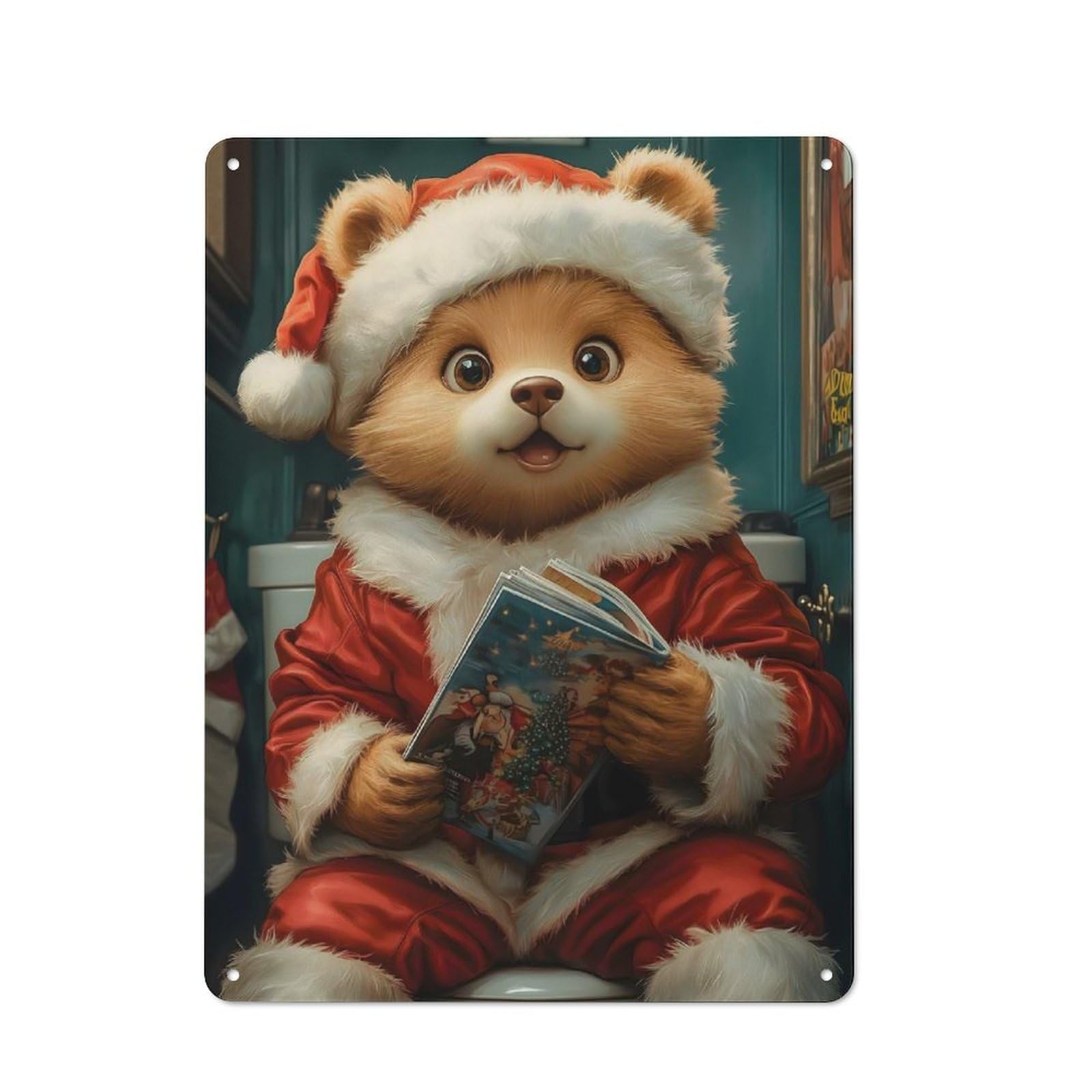 Junmoney Christmas Bear Reading Simple Retro Tin Sign 40X30cm, Study Room Decor For Home Office, Reading Corner Or Bedroom