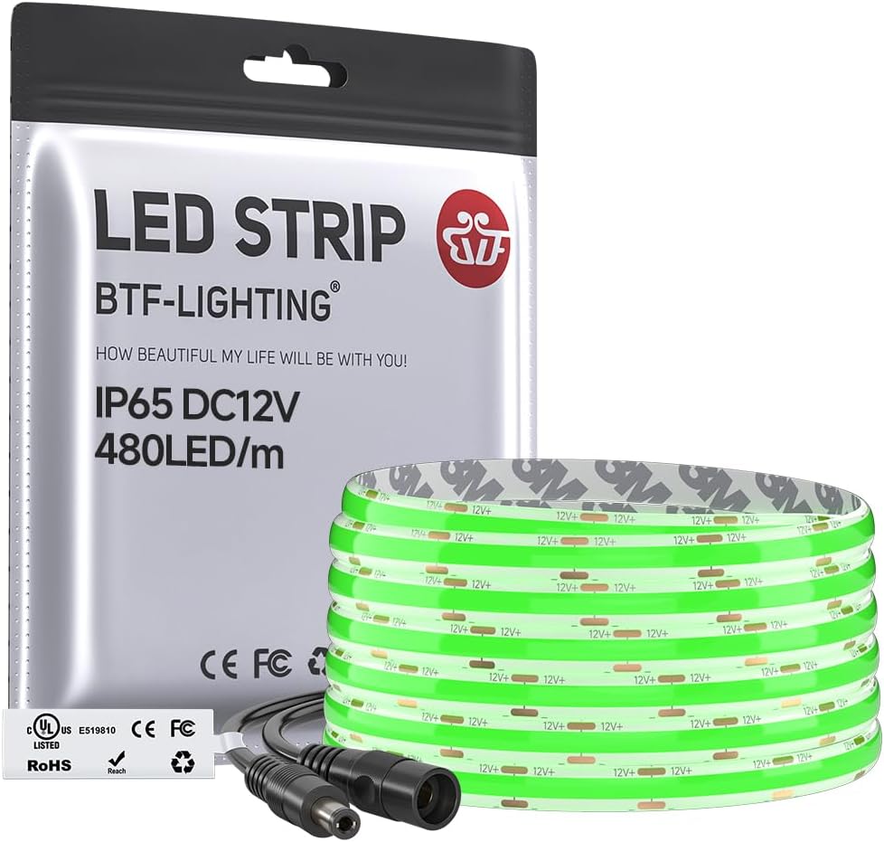 BTF-LIGHTING FCOB COB LED Strip 480LED/m Flexible High Density Uniform Light 9W/m 16.4FT DC12V Warm White 2700K CRI 90+ 8mm Width LED Ribbon for Indoor Decor(No Adapter or Controller)