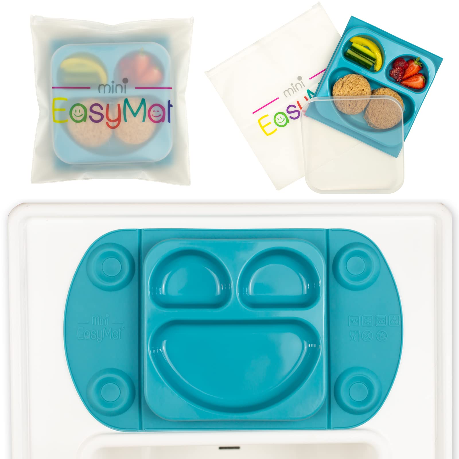 EasyMatMini Portable Silicone Baby Suction Plate by EasyTots | Lid and Carry Case Included | Travel Friendly | Perfect Placemat for High Chair Feeding & Baby Led Weaning (Teal)
