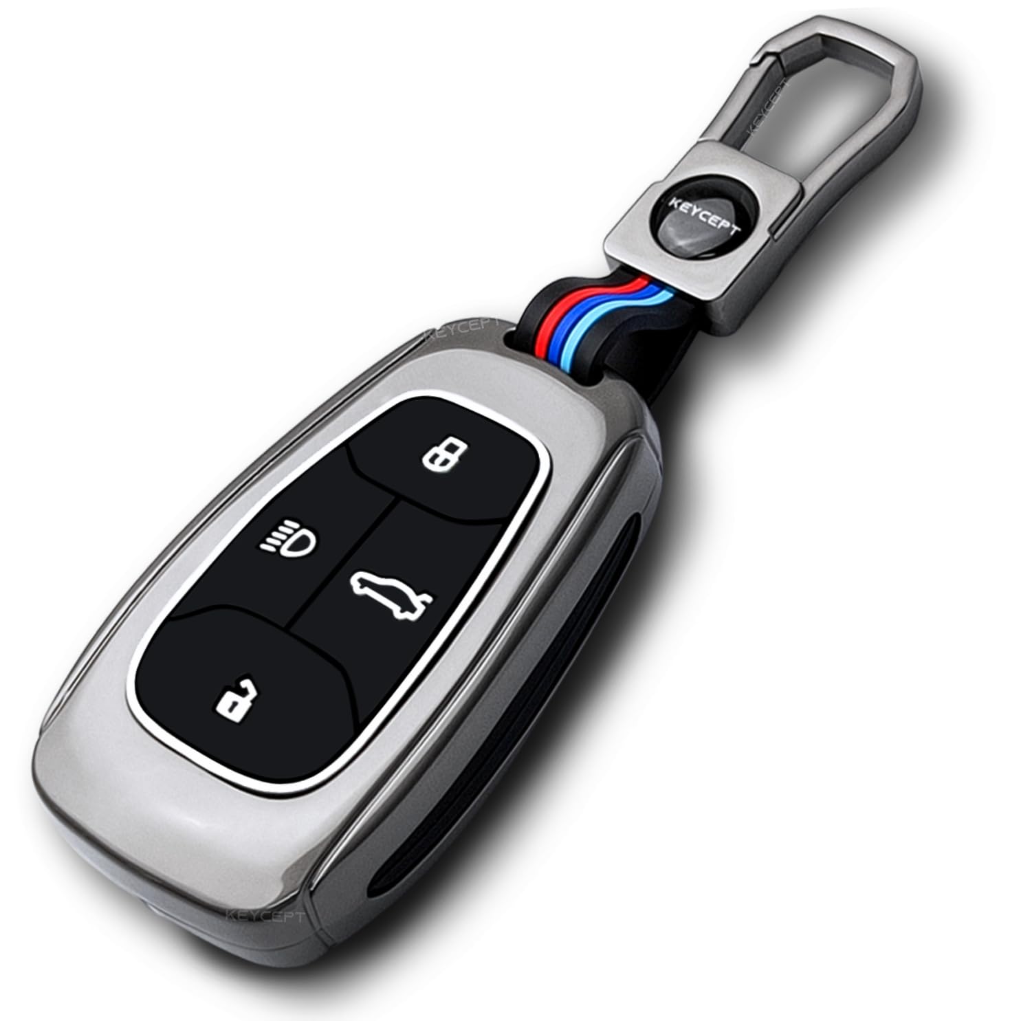 Metal Key Cover for Tata Nexon | Curvv | Altroz | Harrier | Punch | EV | Safari and Facelift 4 Button Smart Key with Keychain (Short Keychain).