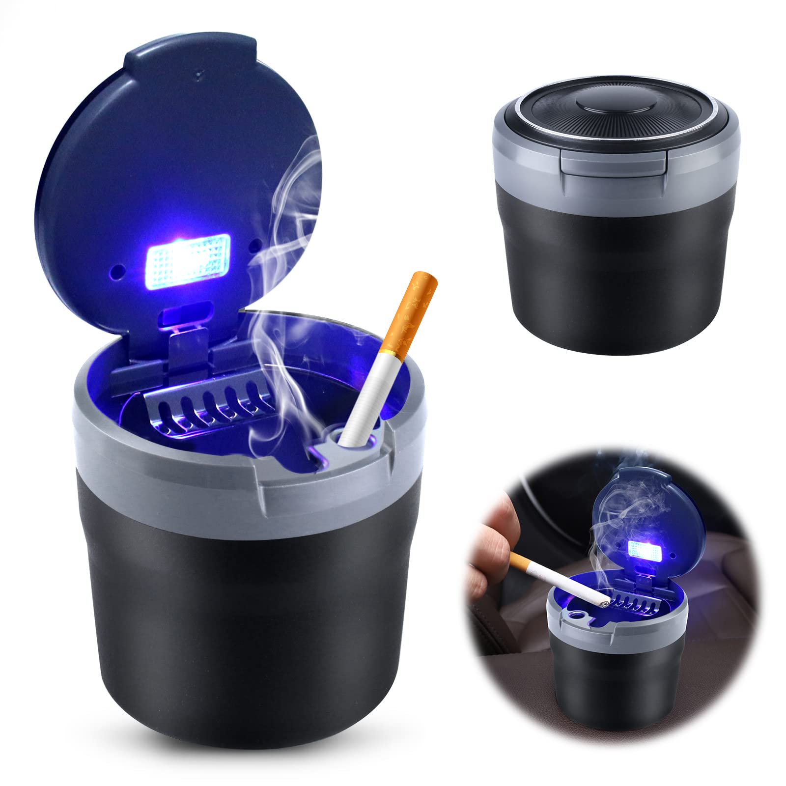 Cendrier Voiture Avec Couvercle Anti-odeur + Lumière LED - Grande Capacité, Support Amovible, Design Compact