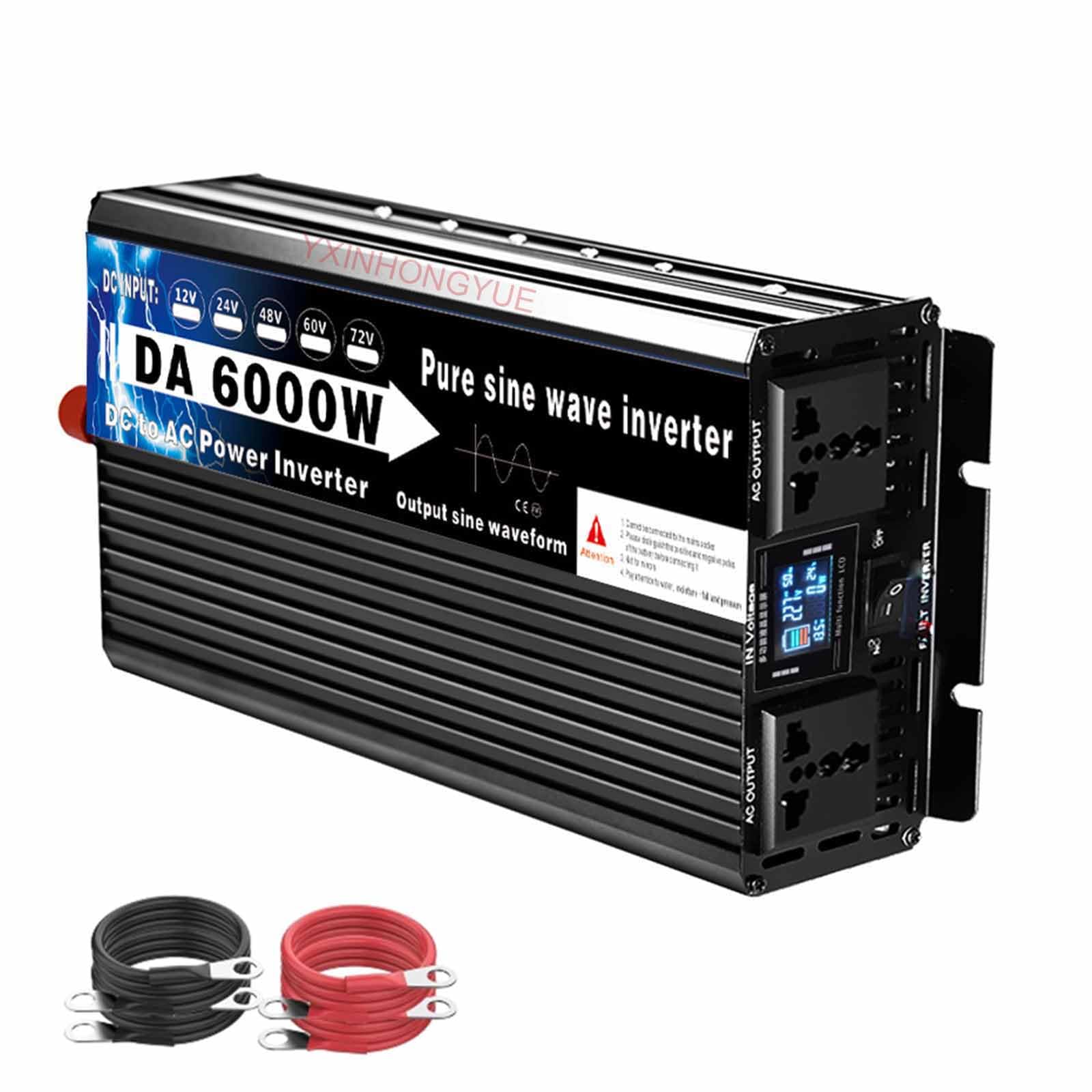 6000W DC 12V 24V 48V 60V 72V a 110V-120V / 220V-240V AC Pure Sinus Wave Inverter con Protección Múltiple 50Hz 60Hz Pico RV Power Inverter Cargador (12V A 110V)