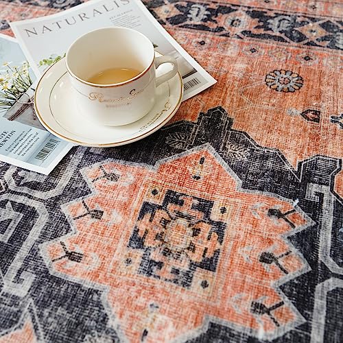 Washable 2x3 Small Area Rug: Vintage Indoor Soft Non Slip Door Mat Stain Resistant Carpet for Bedroom Living Room Light Weight Floor Mat for Kitchen Bathroom - Perfect for Homes with Pets (2x3,Orange)
