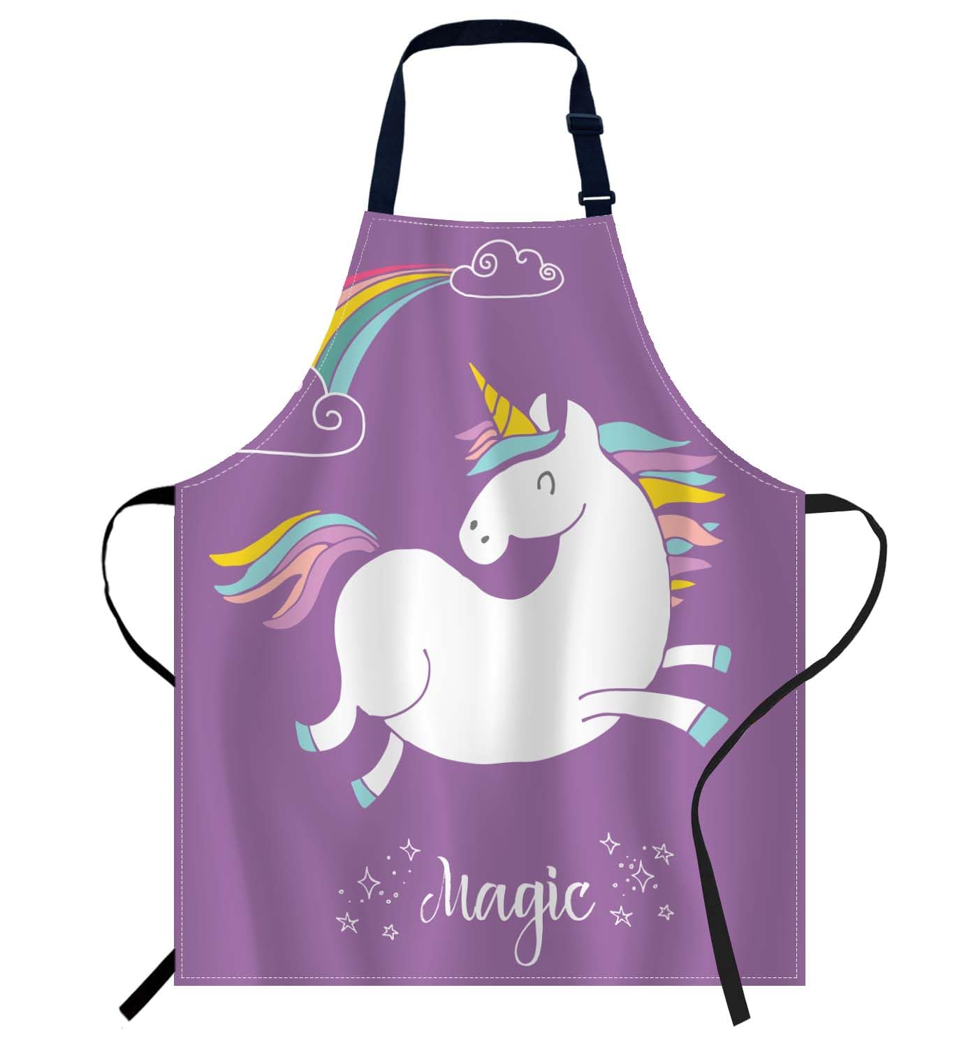 Smooffly Cute Magic Unicorn and Rainbow Apron,Adjustable Neck Bib Apron for Men Women,Suitable for Kitchen Cooking Waitress Chef Apron