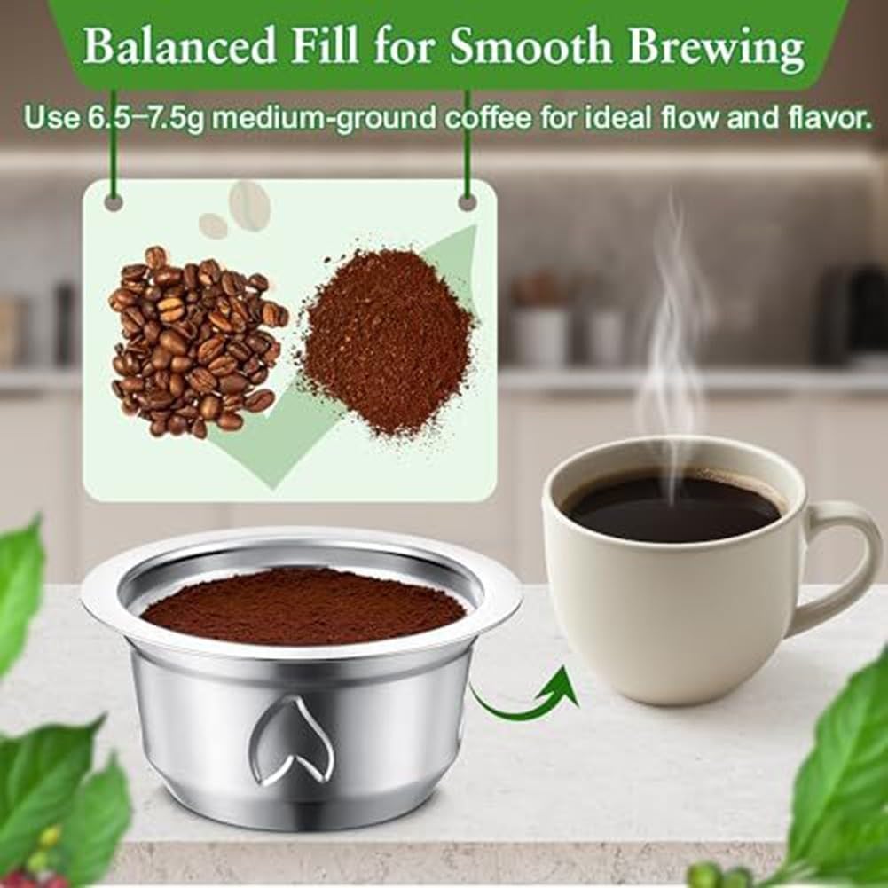 Cápsulas de café reutilizables de acero inoxidable, juego de filtros recargables con tapa y cepillo de cuchara, carcasa de metal respetuosa con el medio ambiente para preparar la cocina en