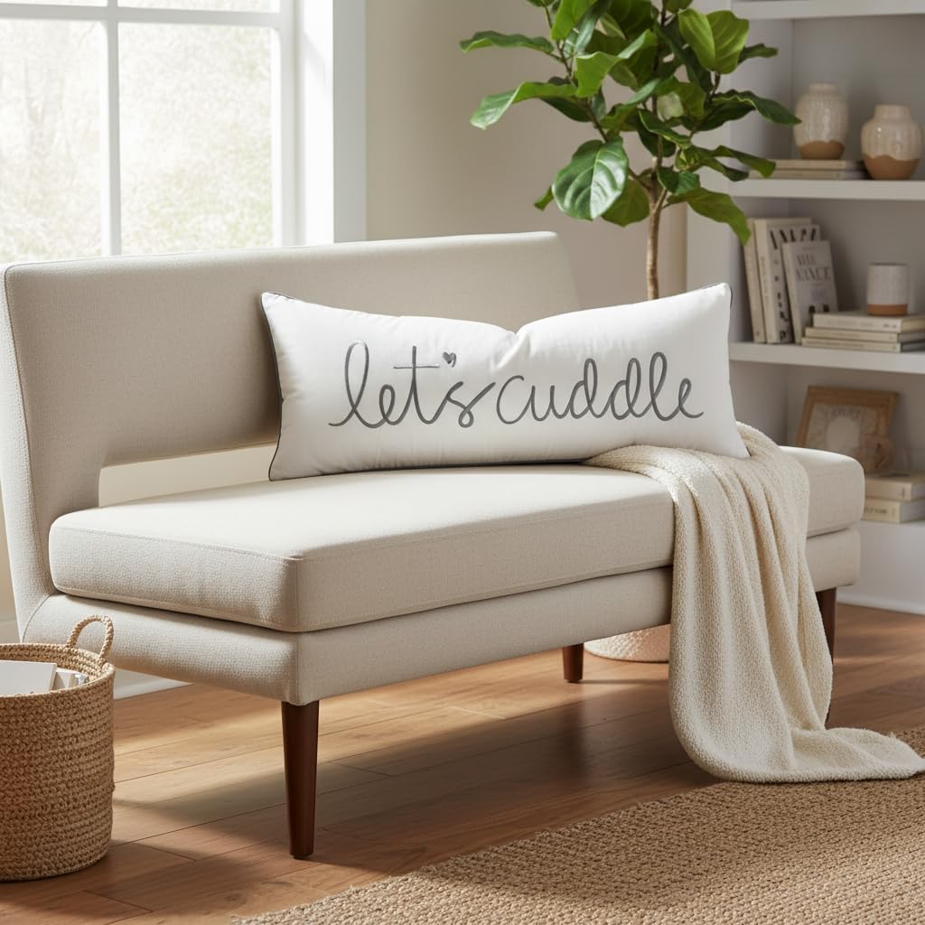 Sanmetex Sunkifover Let's Cuddle Lumbar Pillow Cover - 14x36 Inch Cotton Embroidery Decorative Pillowcase for Bed, Bedroom, Living Room - White and Grey Rectangular Quote Design