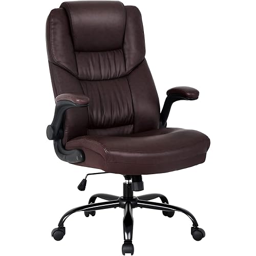Ergonomic Office Chair PU Leather Desk Chair High Back Computer Chair with Lumbar Support Flip up Armrest Rolling Swivel Adjustable Task Chair for Adults(Brown)