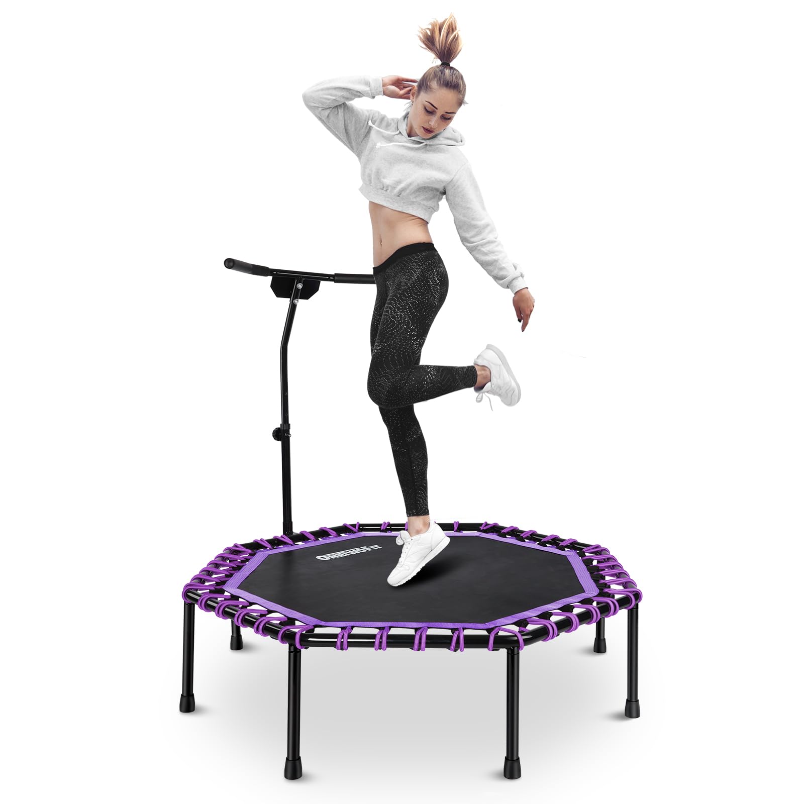 ONETWOFIT 51" Silent Trampoline with Adjustable Handle Bar, Fitness Trampoline Bungee Rebounder Jumping Cardio Trainer Workout for Adults…