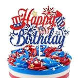 Happy Birthday 4th of July Cake Topper America USA Patriotic Birthday Party Decorations Red and Blue Glitter Firework Independence Day For American National Theme Birthday Party Supplies
