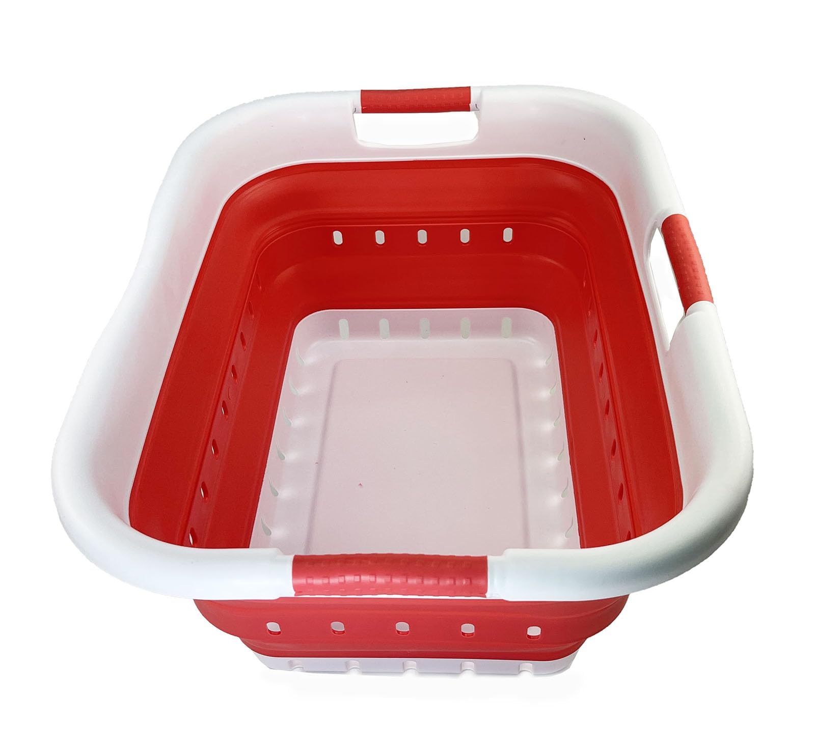 SAMMART 41L Collapsible 3 Handled Plastic Laundry Basket - Foldable Pop Up Storage Container/Organizer - Space Saving Hamper/Basket (1, White/Coral Pink)