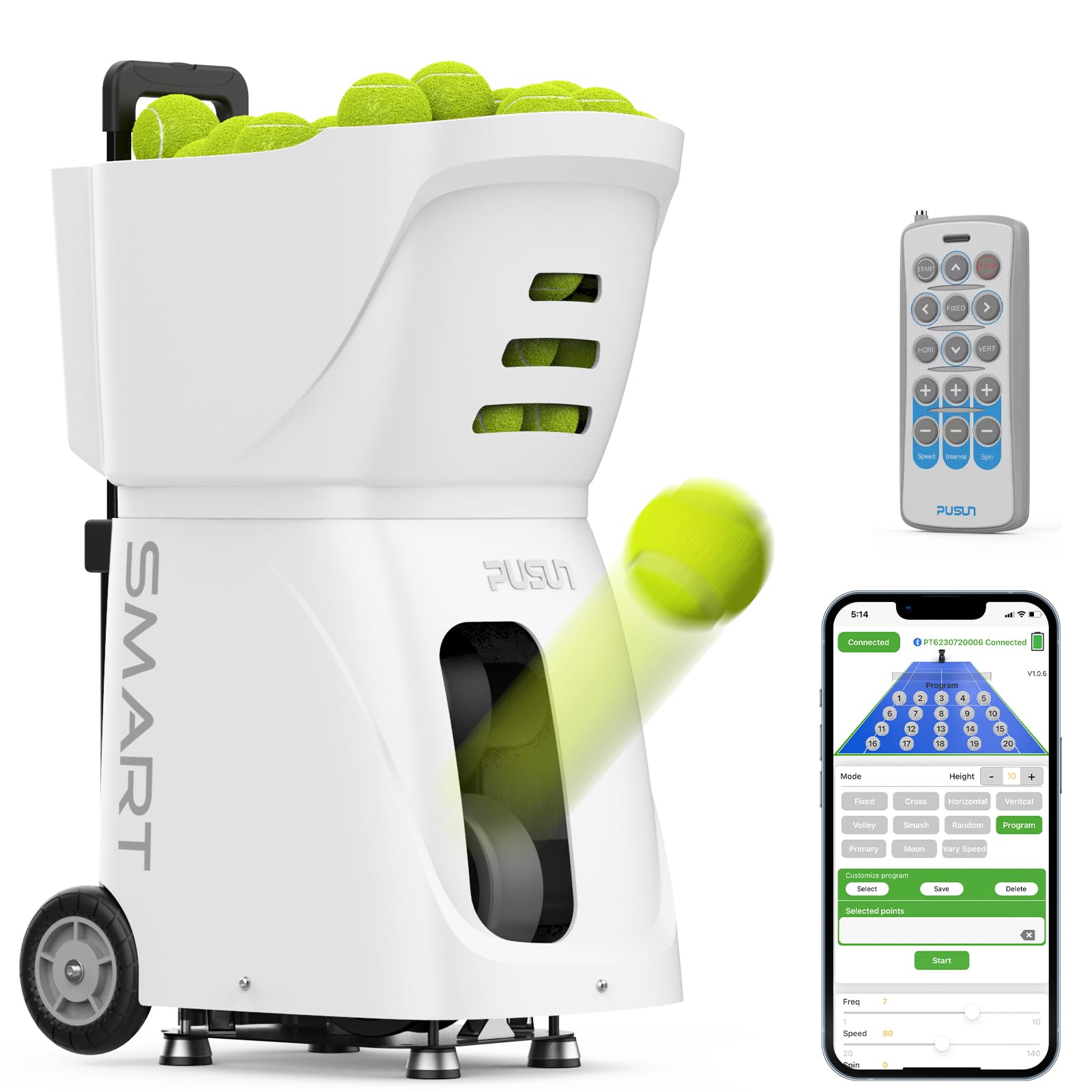 PT-Smart Tennis Ball Machine Automatic Portable Tennis Ball Launcher/Thrower for All Level Players Training and Practice - Pre-Programmed and Custom Drills, Complete with App/Remote Control.