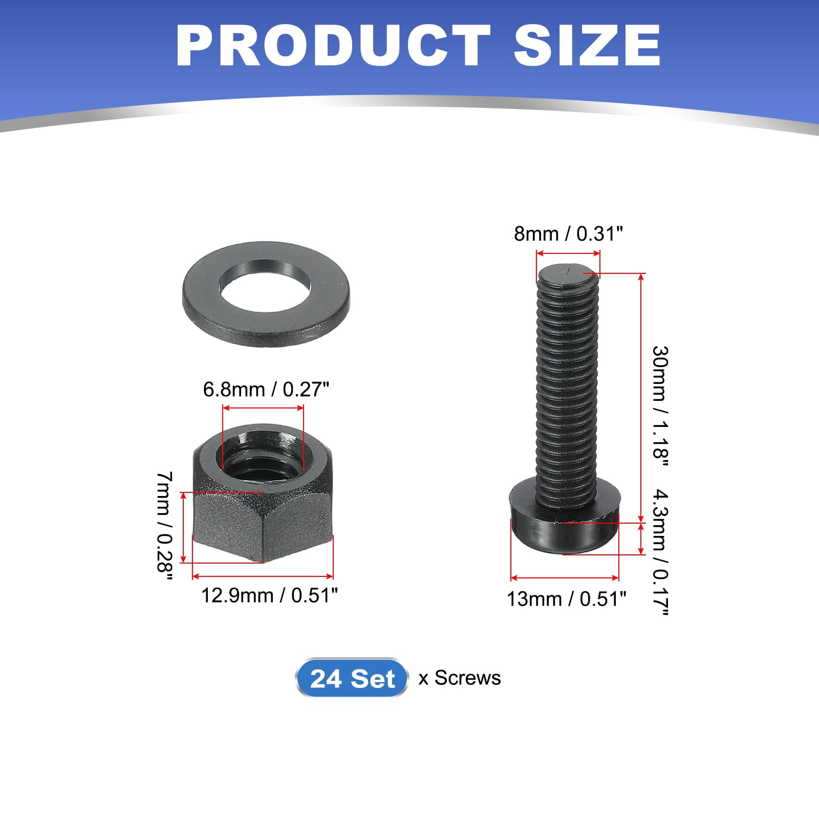 PATIKIL M8x30mm Black Nylon Bolts Plastic Nuts Full Thread Head Screws, 24 Pcs, M8*30mm - Image 2