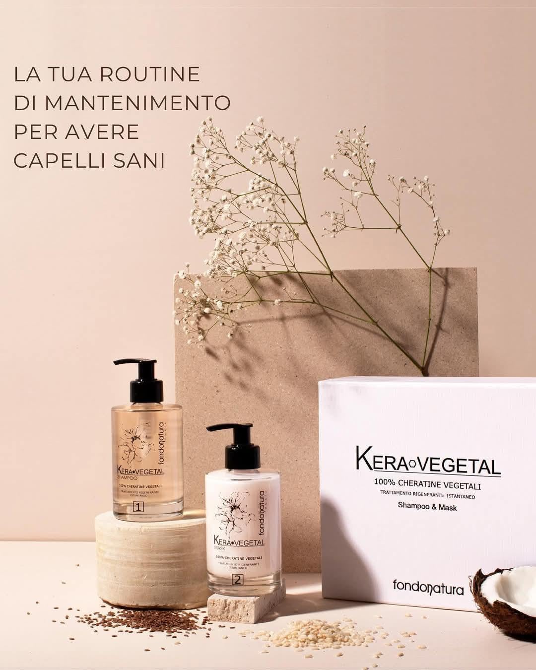 Fondonatura Kit Kera Vegetal Shampoo e Maschera da 215 ml - Trattamento Intensivo di ricostruzione con Keratina Vegetale per Riparazione e Nutrimento Profondo dei Capelli danneggiati