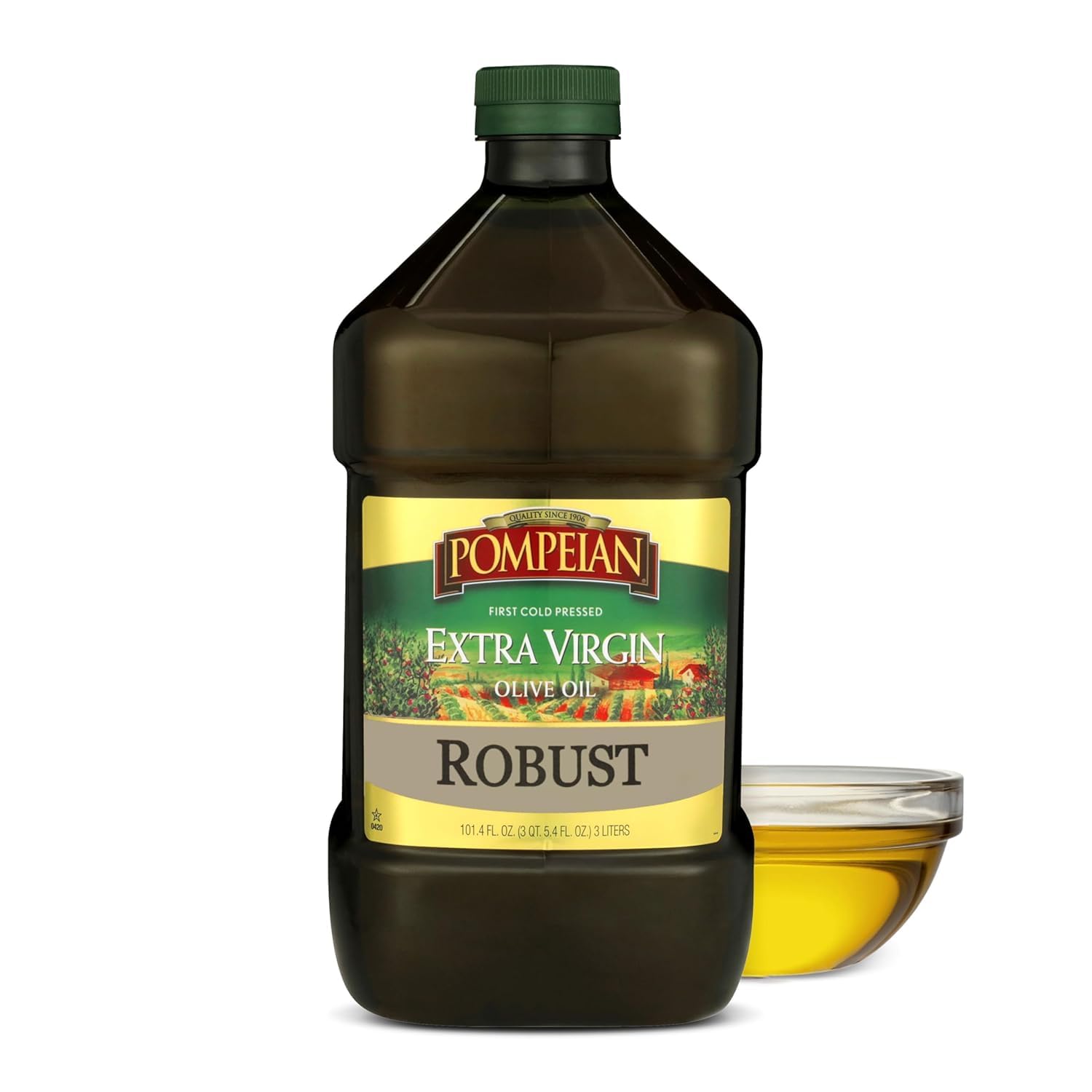 Pompeian Robust Extra Virgin Olive Oil - 101 fl oz - 3 L - First Cold Pressed Olive Oil for Cooking - Bold Taste for Pasta, Marinades, and Salad Dressings