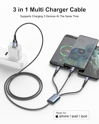 Multi Charger Cable 1.2M, 3 in 1 Multi Charging Cable Braided iPhone Charger cable include USB to USB C Charger Cable/Lightning/Micro USB/Type C Lead for iPhone 17 16 15 14 13 X,Samsung Huawei,Android