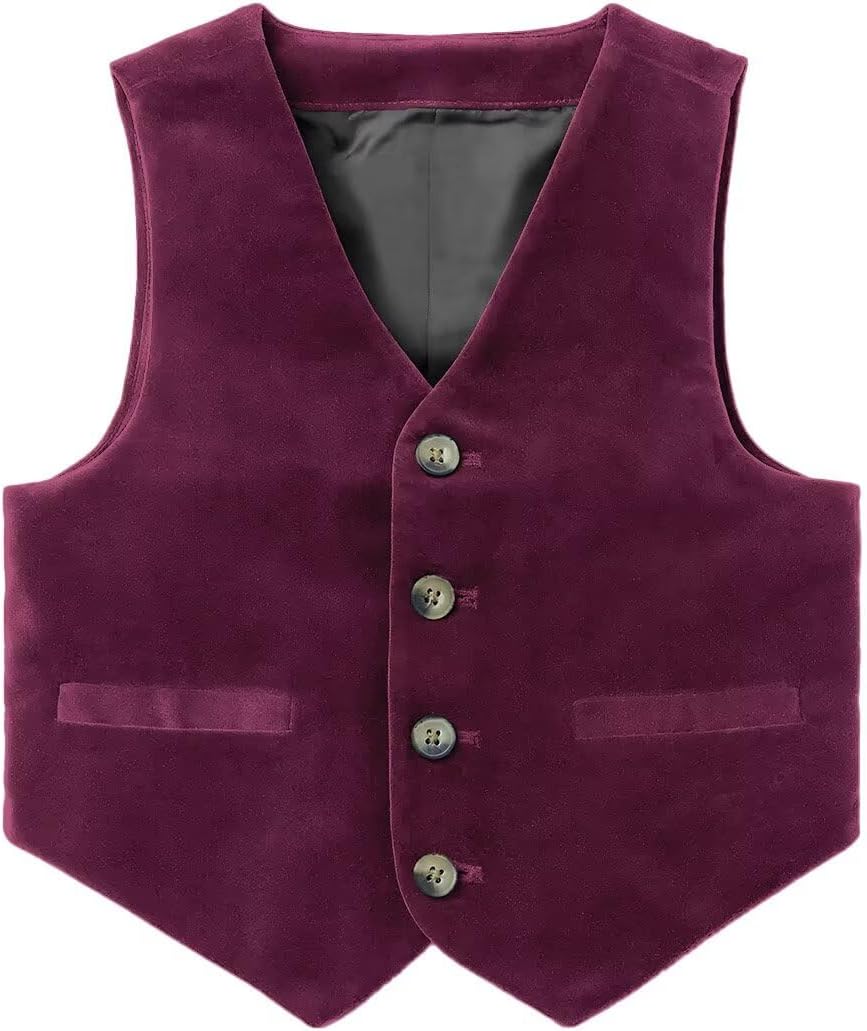 Boys Velvet Vest Retro 4 Button Formal Suit Vest for Toddler Kids Wedding Christmas Waistcoat with Pockets
