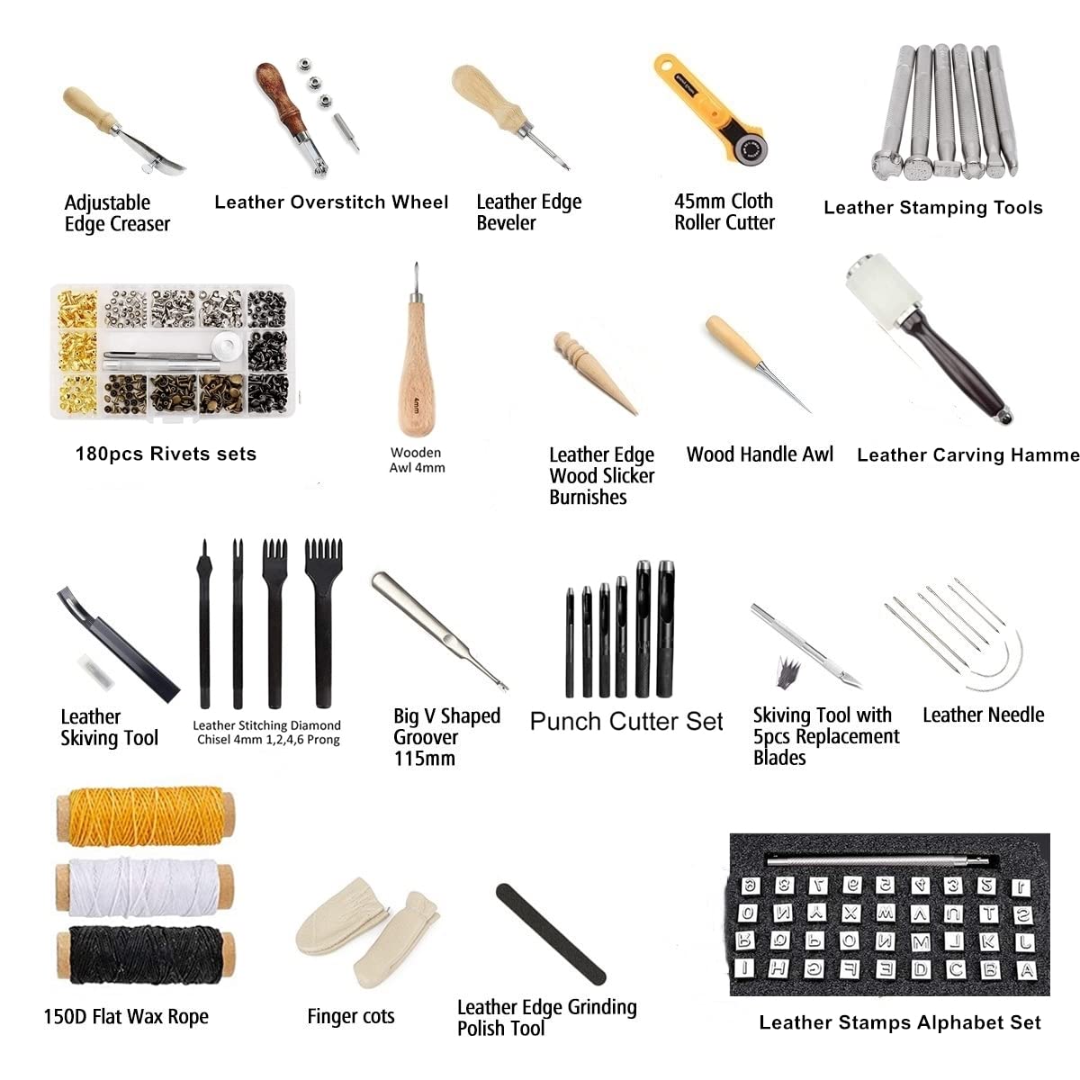 Lot De 273 Outils Et Fournitures De Travail Du Cuir Avec Boîte à Outils En Cuir, Tapis De Coupe, Marteau, Outils D'estampage, Aiguilles, Boutons- Pression Et Rivets Parfaits Pour La Couture, Le