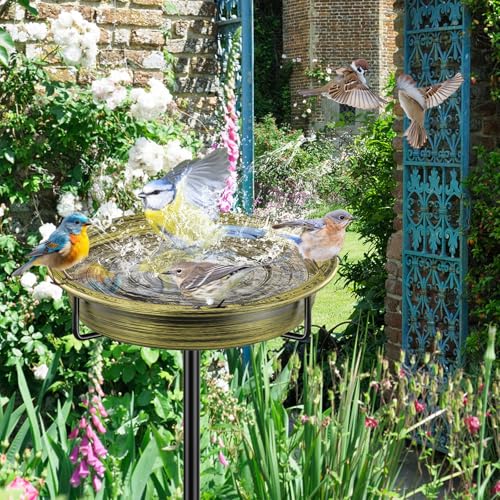 FaloStwer 40In Vogeltränke Vogelbad Futter Schale Wasserstelle Stehend, Metall Vogelbecken Schüssel Wildvögel Wassertränke für Vögel, Vogeltränke Groß Frostsicher Winterfest Vogeltränke (Retro Gold)