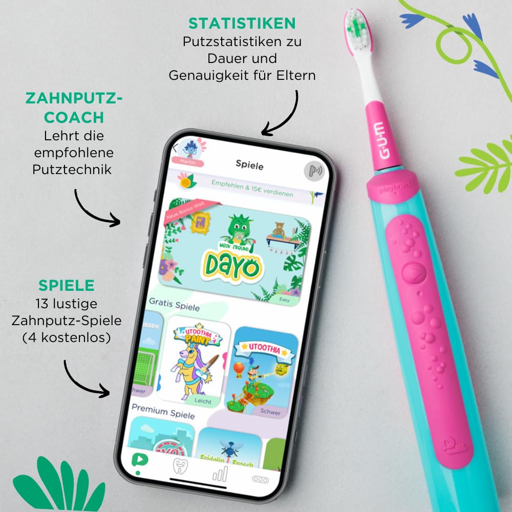 GUM Playbrush KIDS 3+ elektrische Zahnbürste | Interaktive Spiel-App | 2 Putzmodi | Extra weiche Borsten | 8 Wochen Akku | Timer | 1x Schallzahnbürste, wiederaufladbar | 2 extra Bürstenköpfe | Pink
