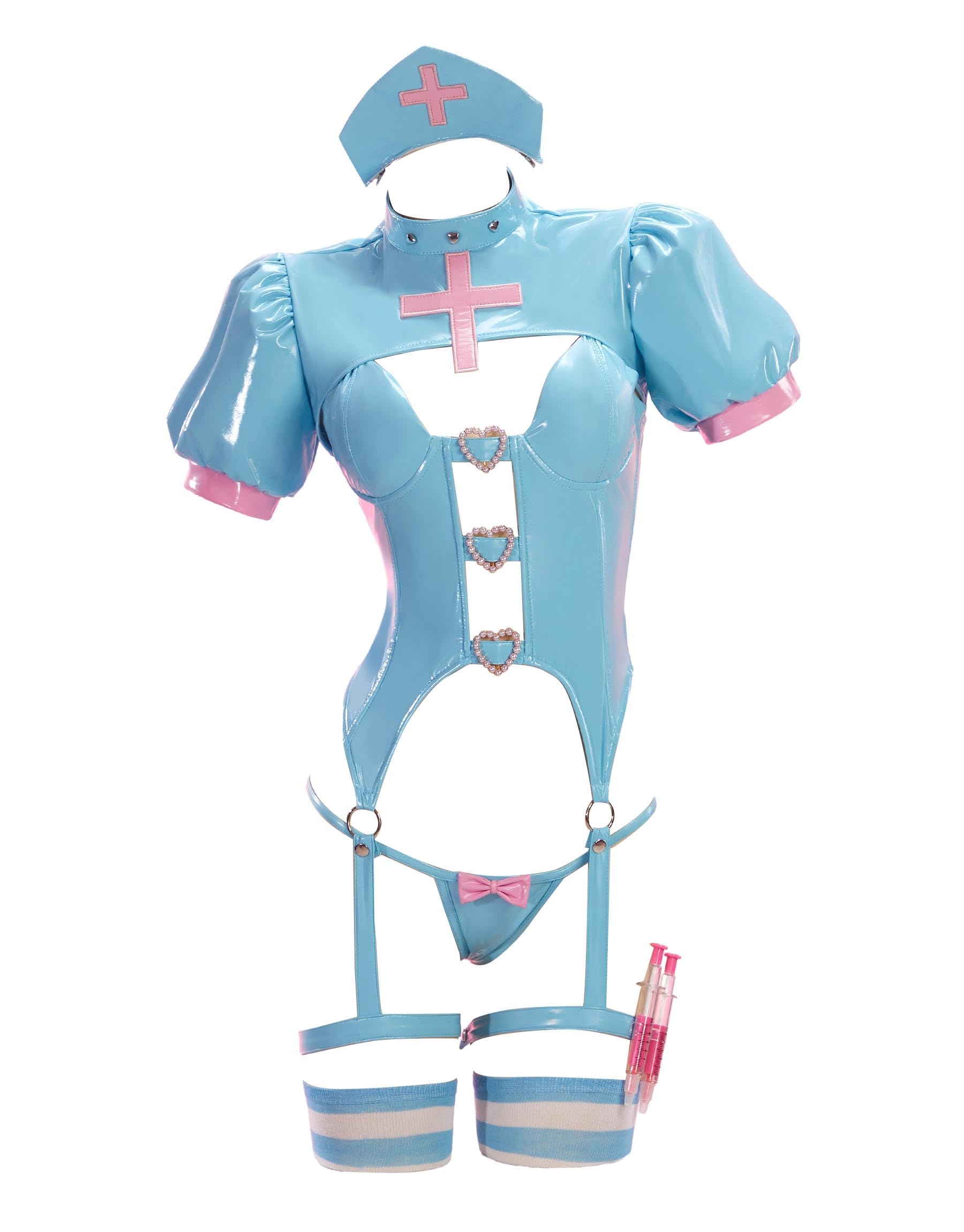 Mobbunny Women Nurse-style Cosplay Costume Sexy Big Paw Outfit Cutout Corset and Bolero Jacket with Thong and Claws - Medium - Blue