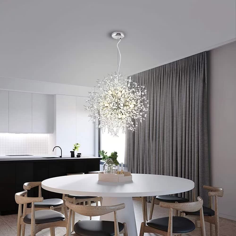 Lampadario di cristallo, dente di leone d'argento, lampadario a 9 luci con fuoco d'artificio per soggiorno, sala da pranzo, isola della cucina, lampadina G9 inclusa