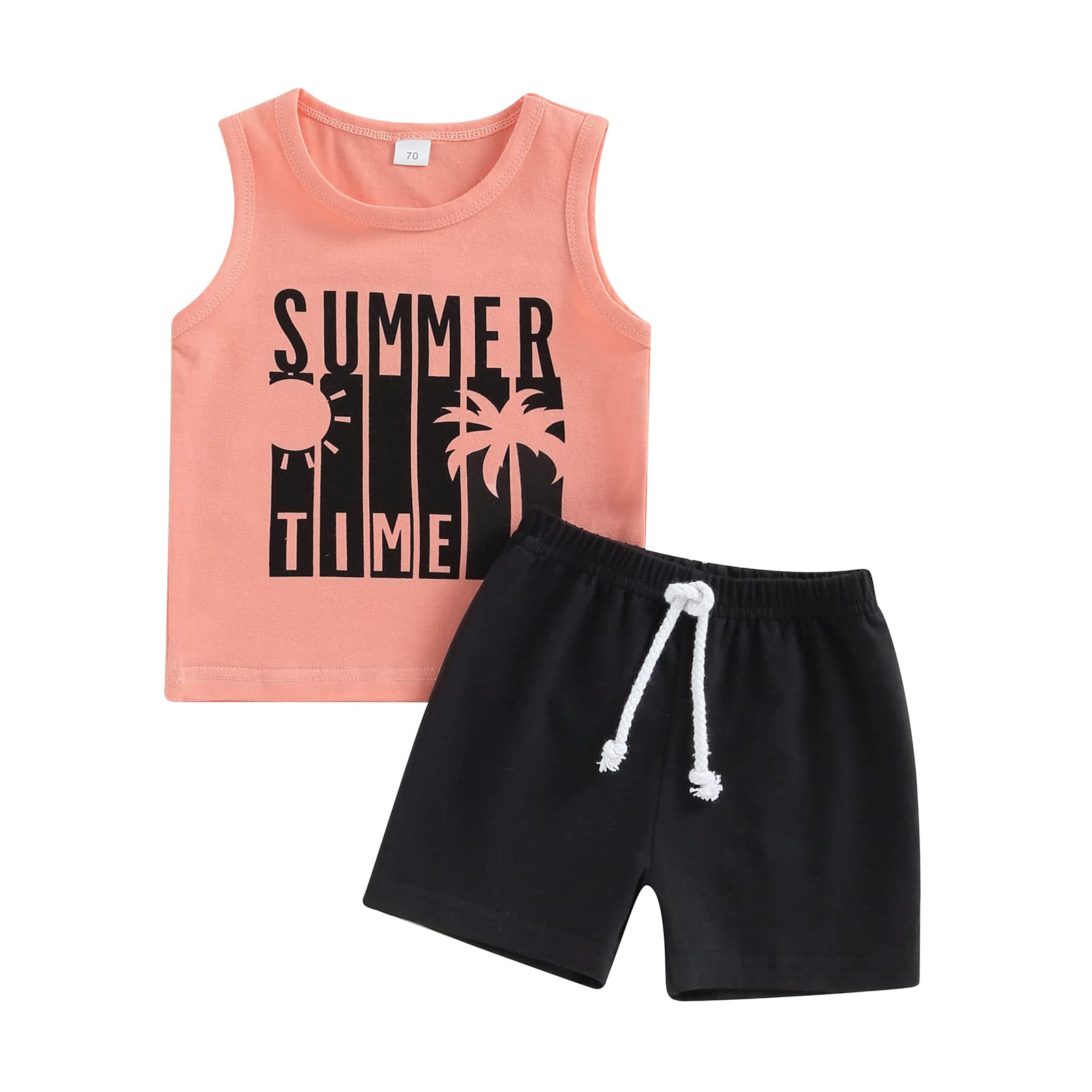 BULINGNA Toddler Boys 2Pcs Summer Outfits Sleeveless Letters Print Tank Tops + Drawstring Shark Shorts Beach Clothes Set (Orange Pink, 18-24 Months)