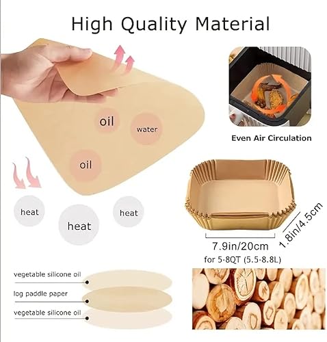 Miniatura 6 de 100 revestimientos de papel cuadrado pergamino de grado alimenticio de 79 pulgadas para cesta de freidora de aire papel de hornear desechable
