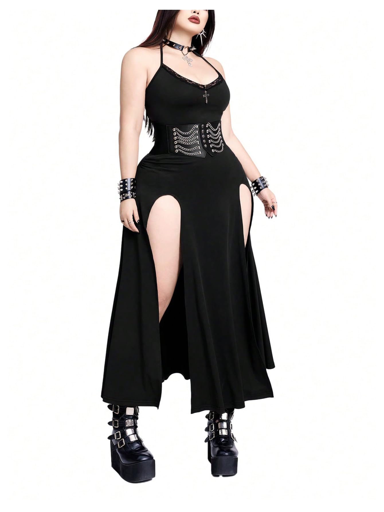 Verdusa Women's Plus Size Lace Thigh Slit Halter Dress Goth Backless Maxi Dresses: X-Large Plus Black