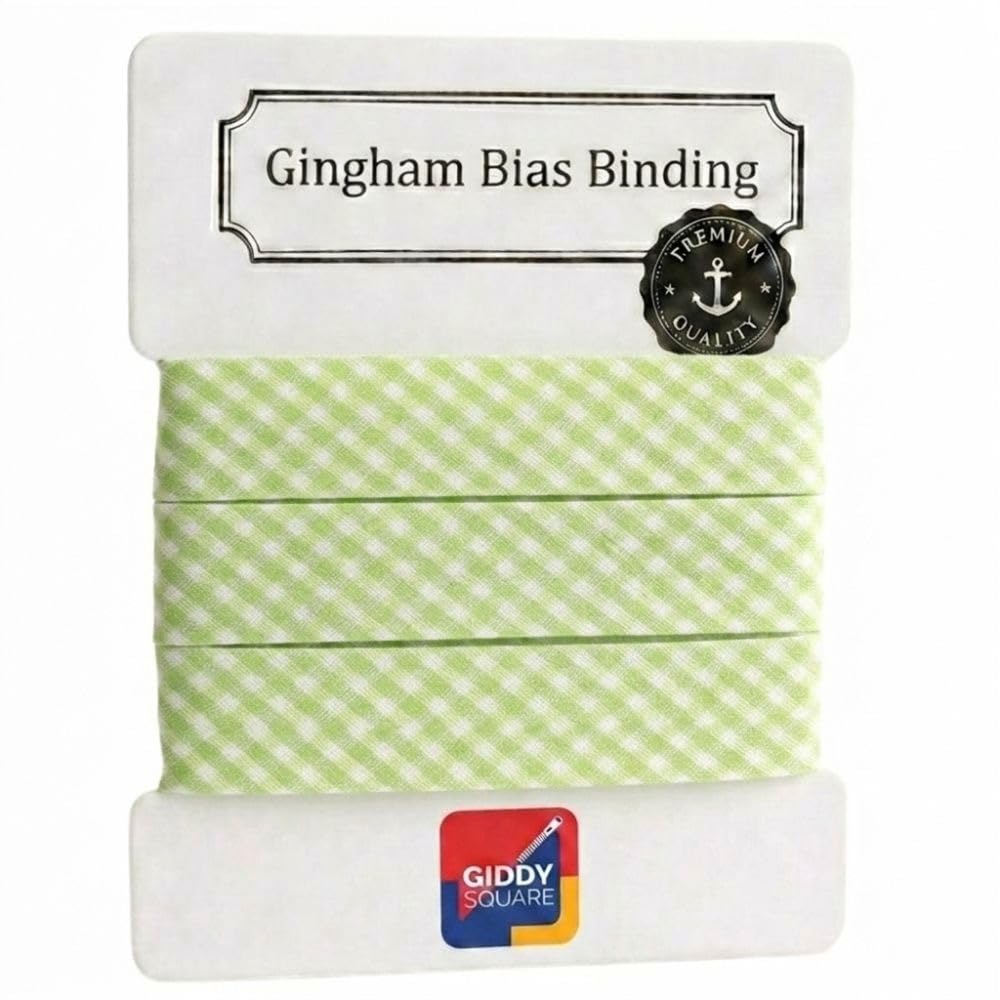 Premium Yarn Dyed Polycotton Gingham Bias Binding Tape 30mm Light Green Large Gingham 10m - Strong Smooth Hardwearing Woven Check Trim for Quilting, Bunting & Edging - Machine Washable - Giddy Square