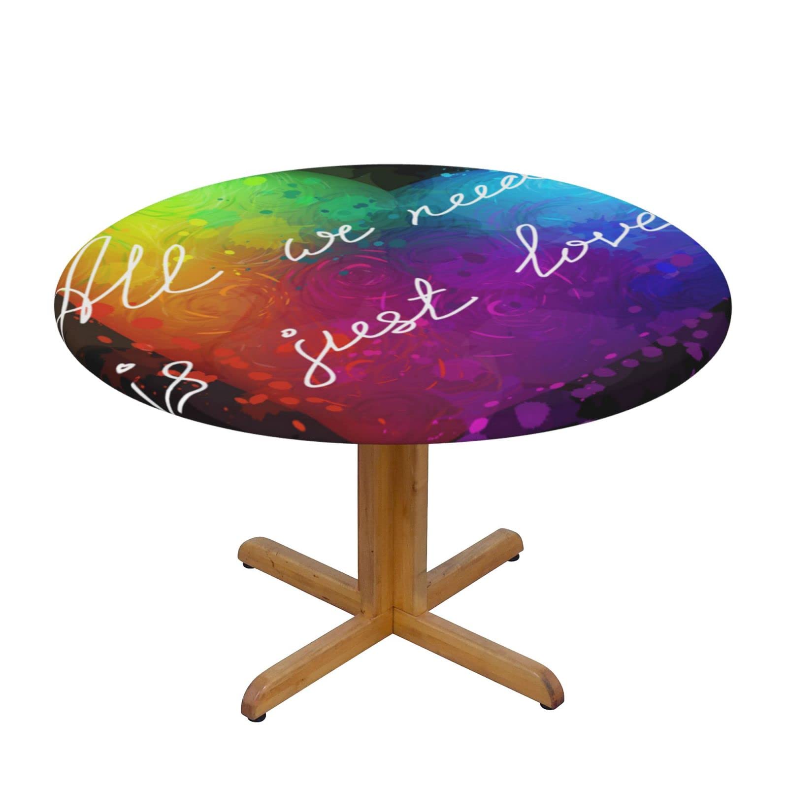 Lsjuee Round Fitted Tablecloth 40-44in Elastic Edged Table Cloth for Kitchen Dining Party Home Decor - Rainbow Neon Heart Colorful