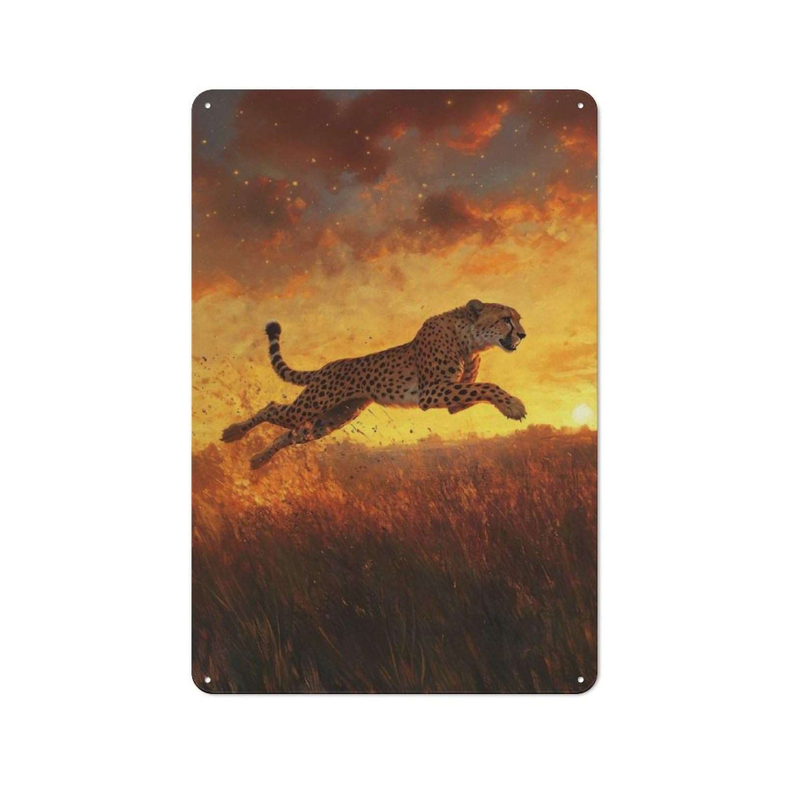 Junmoney Cheetah Leap At Sunset Rustic Tin Sign 30X20cm For Café Or Restaurant, For Café Owners And Decorators, For Retro Home Interiors